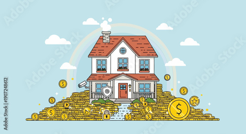 A cartoon illustration of a winter landscape featuring a house in the snow and a summer cottage in the forest with a garden under a blue sky