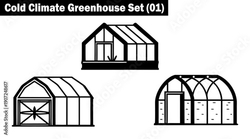 Cold climate greenhouse set featuring different architectural designs and structures for winter farming and thermal protection in line art illustration on transparent background vector illustration.