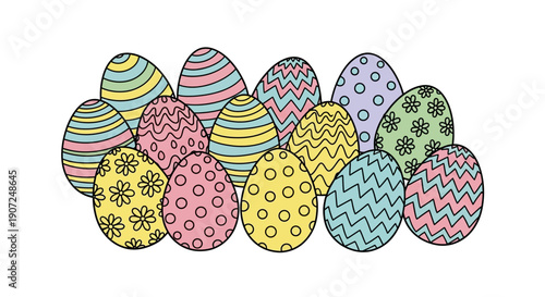 A vibrant set of colorful Easter eggs featuring spring flower patterns and festive vector art illustrations for a happy April holiday celebration