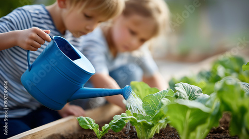 Wallpaper Mural Faceless cheerful kids watering vegetable garden with blue watering can, gardening education, agricultural learning, outdoor activity, defocused plants, with copy space Torontodigital.ca