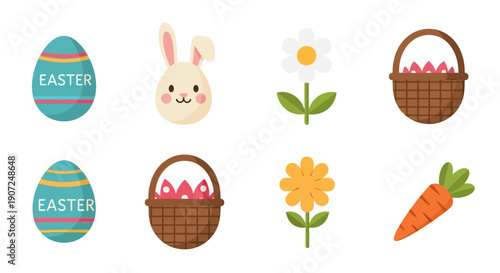 Set of cute cartoon Easter eggs and spring flowers with a happy bunny in the green grass for a festive holiday celebration vector illustration