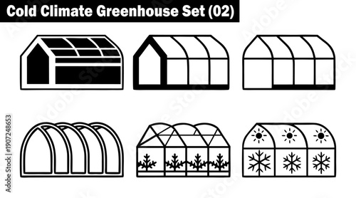 Passive solar greenhouse designs for winter vegetable production featuring various thermal mass and insulation concepts in minimalist line art style on transparent background set vector illustration.
