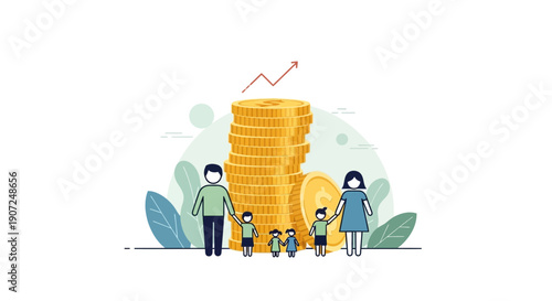 Vector illustration of a green tree and grass plant concept featuring a happy family and business teamwork group silhouette symbol