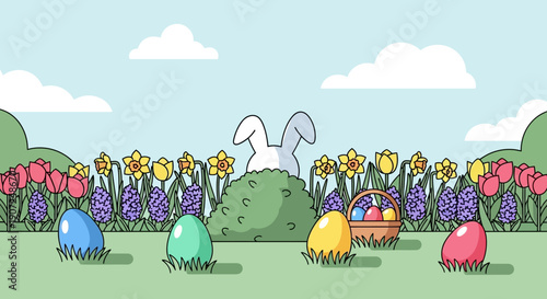 Cartoon vector illustration of a spring nature landscape featuring a cute rabbit and Easter eggs in the green grass under a sunny sky with flowers and clouds