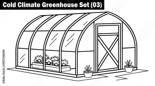 cold climate greenhouse set three concept line art style drawing features an outdoor structure built for cultivating plants in colder weather conditions vector illustration.