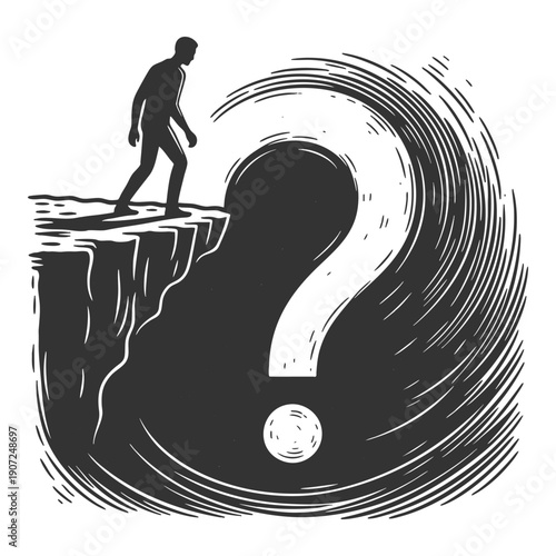 man standing on a cliff, staring at a massive question mark over a swirling void sketch engraving generative ai fictional character vector illustration. Scratch board imitation. Black and white image.
