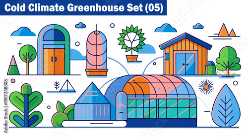 cold climate greenhouse set five concept colorful flat design illustration of various greenhouse types and gardening elements suitable for cool environments vector illustration.