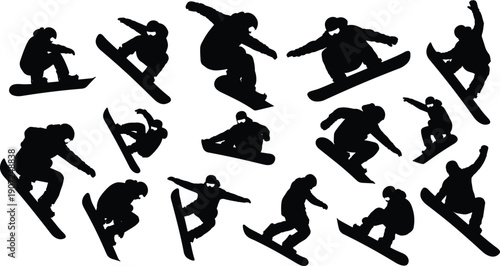 Set of snowboarder silhouette icons showing dynamic tricks, mid-air maneuvers, bent knees, extended arms, and athletic snowboarding style