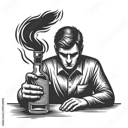man at a table, his hand seized by a smoky claw rising from a whiskey bottle, symbolizing addiction sketch engraving generative ai vector illustration. Scratch board imitation. Black and white image.