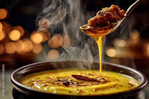 Hot steam rising from fresh Indian curry bowl
