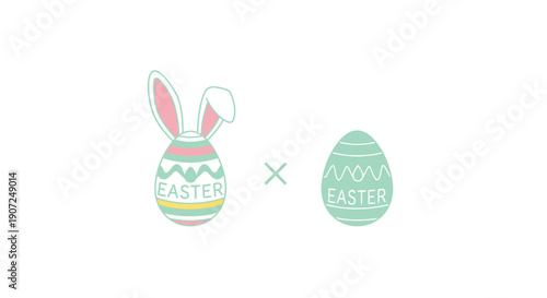 A cute cartoon illustration of a happy Easter bunny with colorful eggs in the green spring grass for a holiday greeting card design