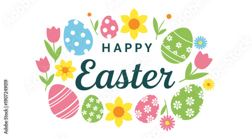 Happy Easter card design featuring a cute vector illustration of colorful eggs and spring flowers in green grass with a butterfly and floral nature patterns for a festive holiday celebration
