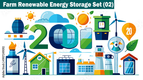 Farm renewable energy storage set collection of flat design illustrations featuring various green energy technologies power solutions and environmental sustainability concepts vector illustration.