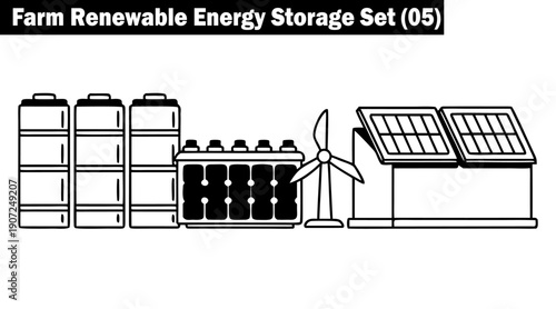 Farm renewable energy storage set silhouette illustrations depicting battery systems, wind turbines and solar panels vital for sustainable farm energy solutions vector.
