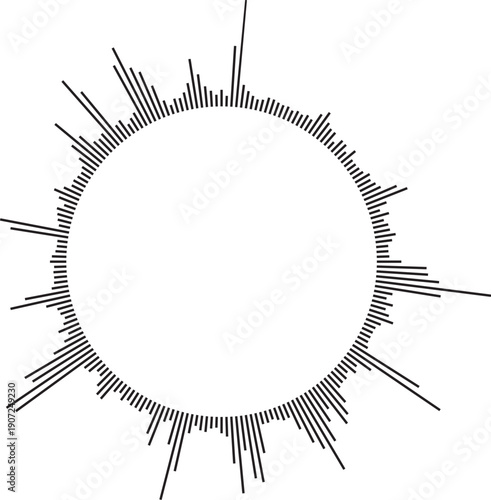Vector circular sound wave pattern. Radial audio waveform illustration. Round equalizer with peaks.