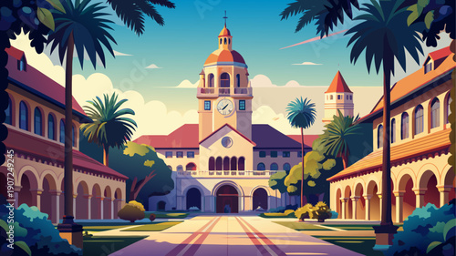 Very beautiful view of Stanford Memorial Church and Main Quad, capturing harmonious architecture, palm-lined courtyards, and timeless academic elegance under soft California light.