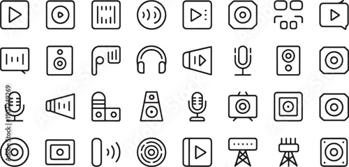 Collection of minimalist media and audio control line icons in gray tones