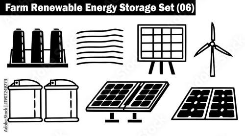 Farm renewable energy storage set featuring wind turbines solar panels batteries and water reservoirs isolated on transparent background vector illustration.