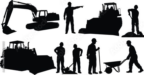 Set of construction silhouette icons showing bulldozers, excavator, and workers with shovel, wheelbarrow, tools, and mound of dirt