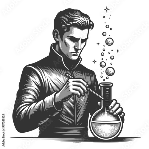 faceless figure in a hat creating a cosmic mixture in a lab setup, blending science and magic sketch engraving generative ai fictional character vector illustration. Scratch board. Black and white.