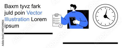 Productivity, time management, task planning, efficiency, business goals, workplace organization. Illustrated person with tablet and checklist, accompanied by a clock. Productivity and time