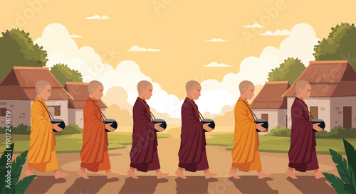 Buddhist monks walking in a line for morning alms round in a village.