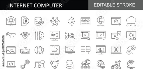 Internet and Computer Editable Stroke Icon Set – Line Vector Collection of Network, Cloud Computing, Data Transfer, Cyber Security, Web Technology, Server, Coding, and Digital Communication Symbols fo