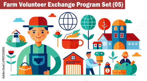 Farm volunteer exchange program set, featuring flat design style, farmer character, global farming concepts, farm buildings, tools, and natural elements vector illustration.