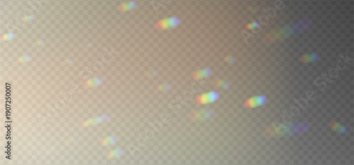 Crystal rainbow light leak overlay. Holographic prism refraction effect on transparent background. Blurred dispersion glare for photo editing. Vector