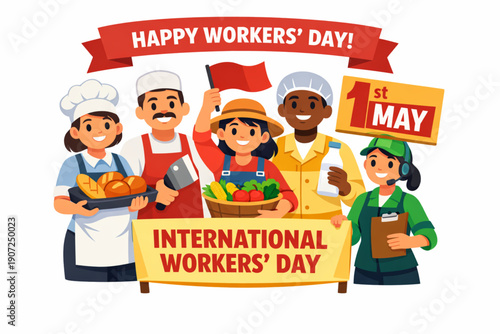 Flat Vector Illustration of Food Industry Workers United for International Workers' Day