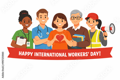 Flat Vector Illustration of Social Workers Standing Together for International Workers' Day
