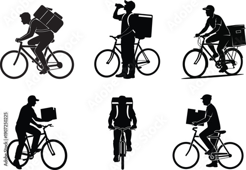 Silhouette of a delivery person riding a bicycle in various positions