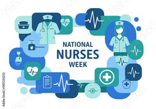 National nurses week celebration with medical icons and nurse figure
