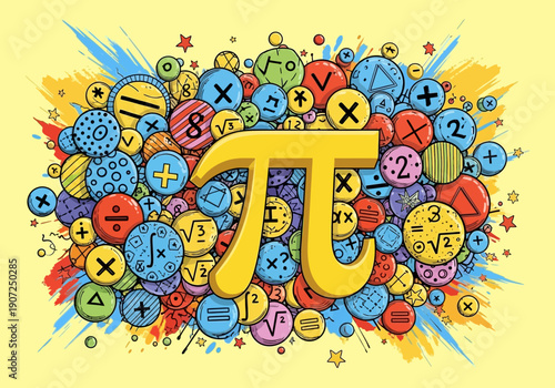 Colorful illustration of pi symbol surrounded by math symbols and equations