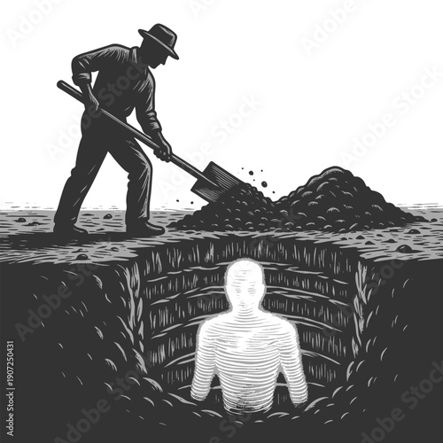 man digging and revealing a glowing, curled-up version of himself, symbolizing hidden talent and self-discovery sketch engraving generative ai vector illustration. Scratch board. Black and white.