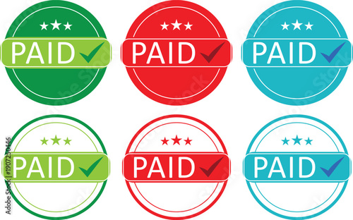 Paid status badges with PAID text and checkmark symbols in circular seals