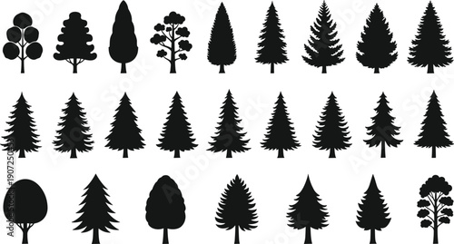 Tree silhouette icon collection, various forest and woodland shapes set, evergreen and deciduous trees, black and white vector illustration