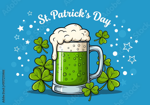 St patricks day green beer mug with foamy head and four leaf clovers