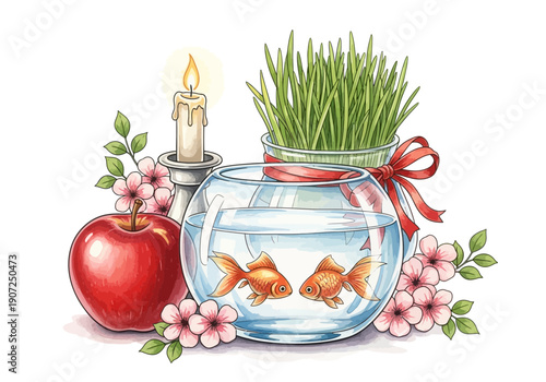 Nowruz haftsin table elements goldfish bowl, apple, candle, and sabzeh
