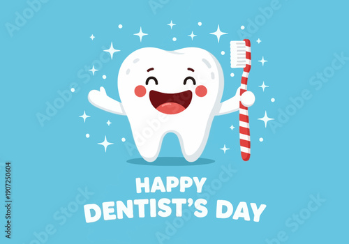 Happy dentists day cartoon tooth holding a toothbrush