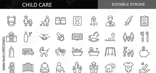 Child Care and Parenting Editable Stroke Icon Set – Line Vector Collection of Baby Care, Nursery, Daycare, Health, Education, Family Support, Child Development, and Safety Symbols for UI/UX, Web, and 