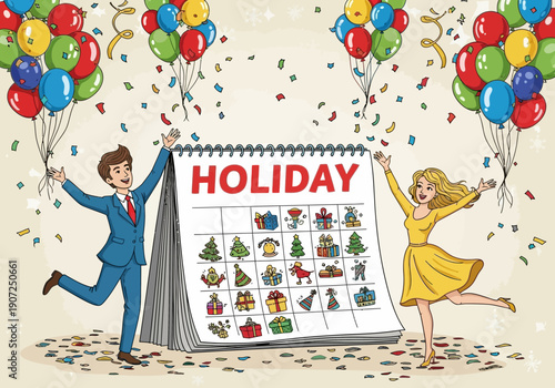 Couple celebrating holiday with calendar and balloons