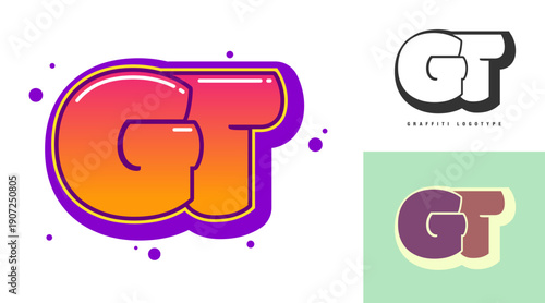 GT logo design for festival or party. Initial letter g and t in graffiti style. Creative modern lettering company name of font typography. Kids trendy logotype or identity.