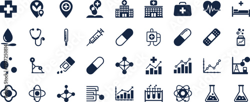 Medical healthcare icon collection, hospital pharmacy science analytics symbols set, modern flat vector illustration, medicine research, data visualization, UI, infographic