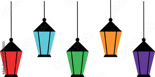 Colorful hanging lanterns in red blue green orange and purple