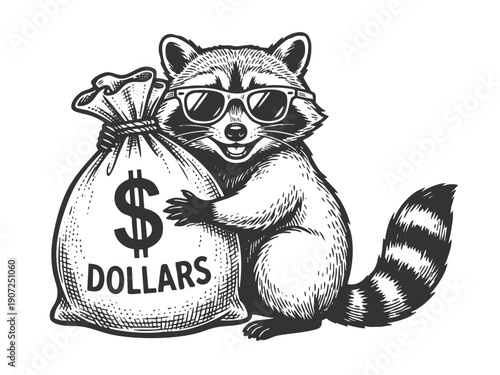 raccoon wearing sunglasses while happily hugging a large sack with dollars sketch engraving generative ai fictional character vector illustration. Scratch board imitation. Black and white image.