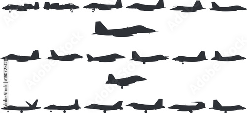 Military jet aircraft silhouette collection, fighter plane side views set, modern aviation shapes, black vector illustration, defense aerospace design