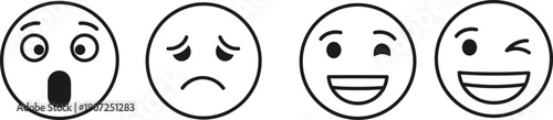 A row of four black and white outline emoji faces depicting various emotions such as surprise, sadness, happiness, and winking.