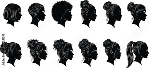 Female profile silhouette hairstyle collection, women head side views, elegant hair bun ponytail styles, black and white vector illustration