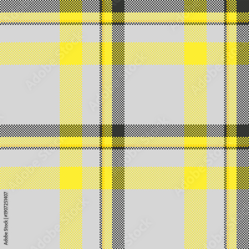 Minimal textile tartan fabric, full check seamless texture. Present plaid background vector pattern in light gray and yellow colors.
